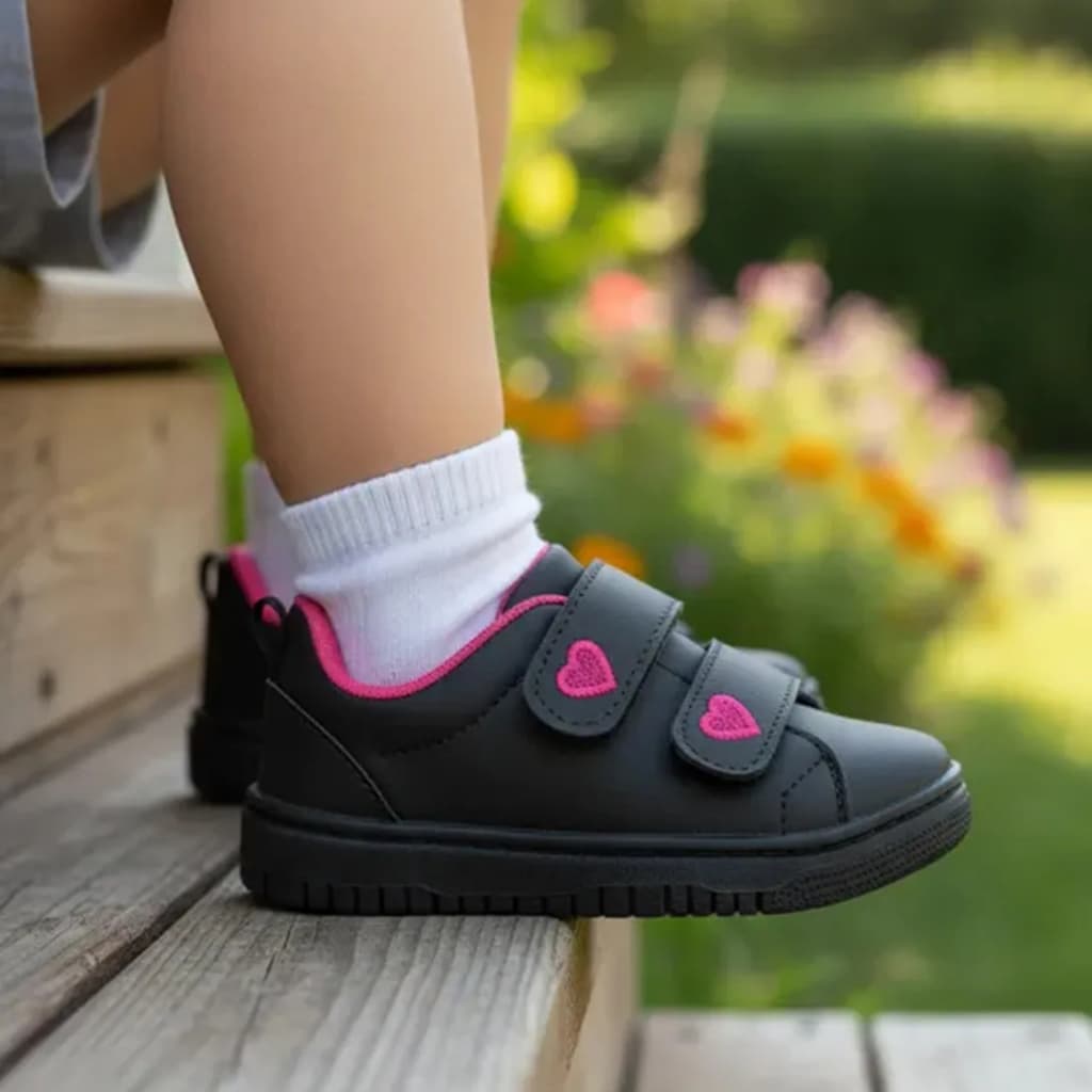Tênis Infantil Feminino Preto Pink Love Costurado Menina Confortável Leve Escolar