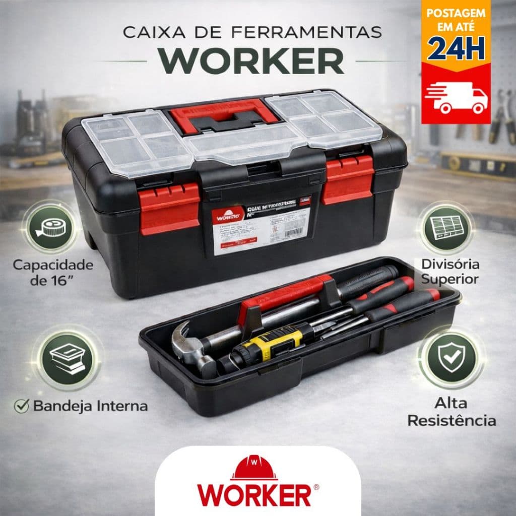 Caixa de Ferramentas Worker 16” Com Bandeja e Organizador na Tampa Alta Resistência
