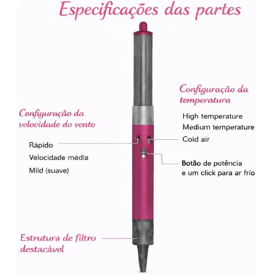 Secador Escova Profissional 6 peças e Modelador de Cabelo Multifuncional Para Cabelos Ondulados, Crespos e Lisos