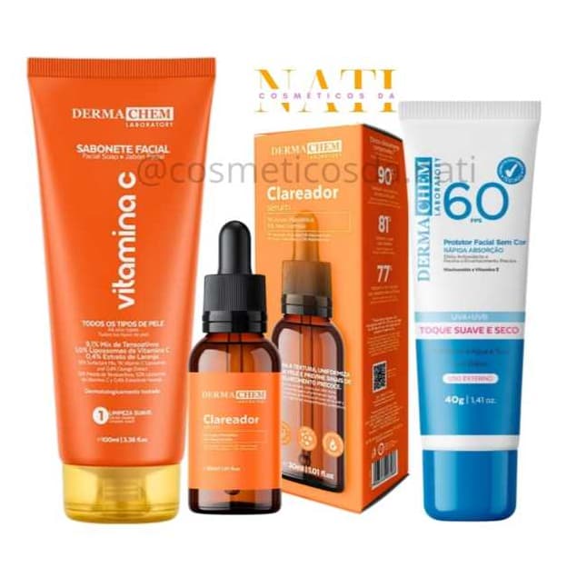 Kit Facial Clareador Dermachem Vitamina C Sabonete Serum e Protetor solar Limpeza de Pele Skin Care
