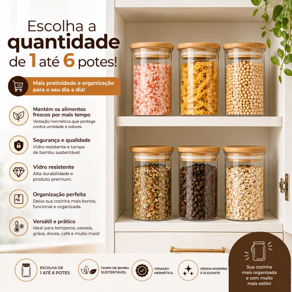 Pote de Vidro 250ml Hermético Com Tampa de Bambu Saleiro Moderno Para Mantimentos Tempero