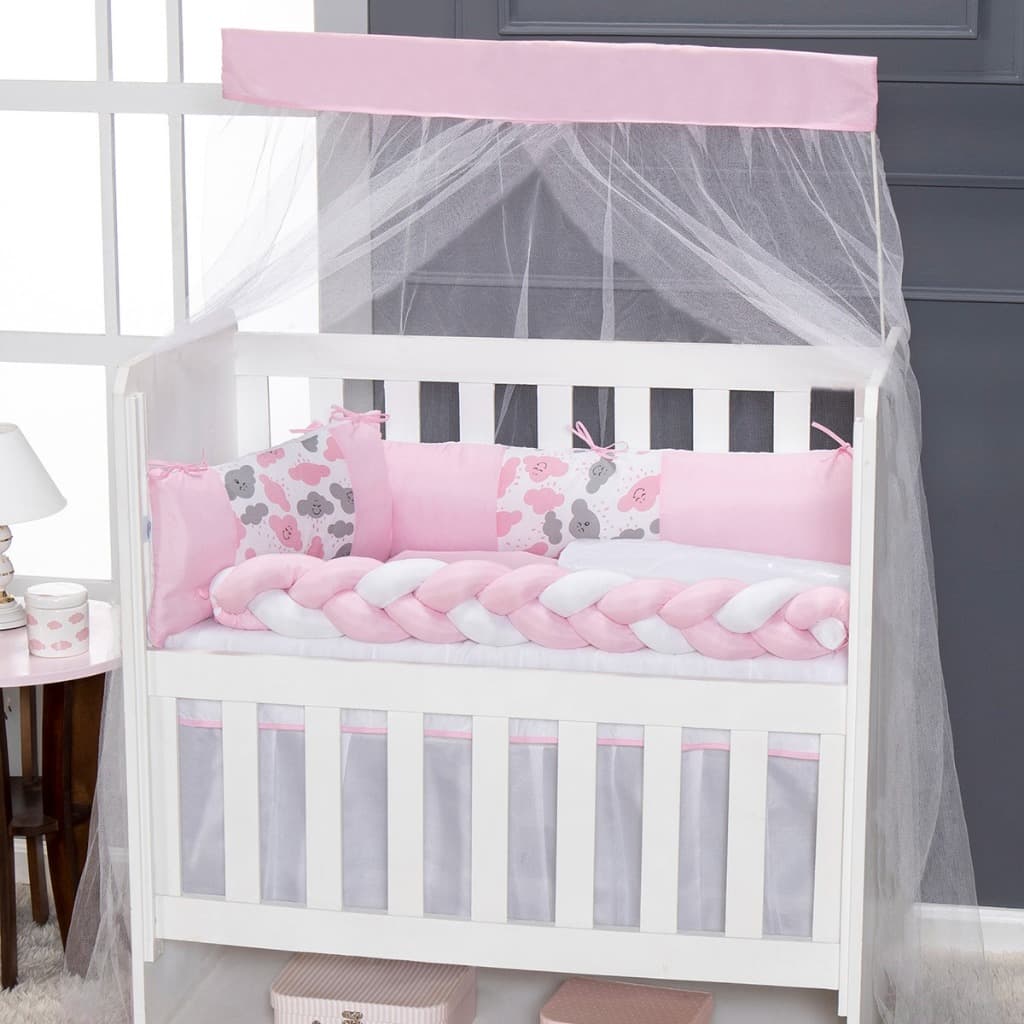 Kit Mini Berço Completo 90x50 Trança Protetora + Mosquiteiro Luxo Nuvem Rosa Enxoval Bebê Menina