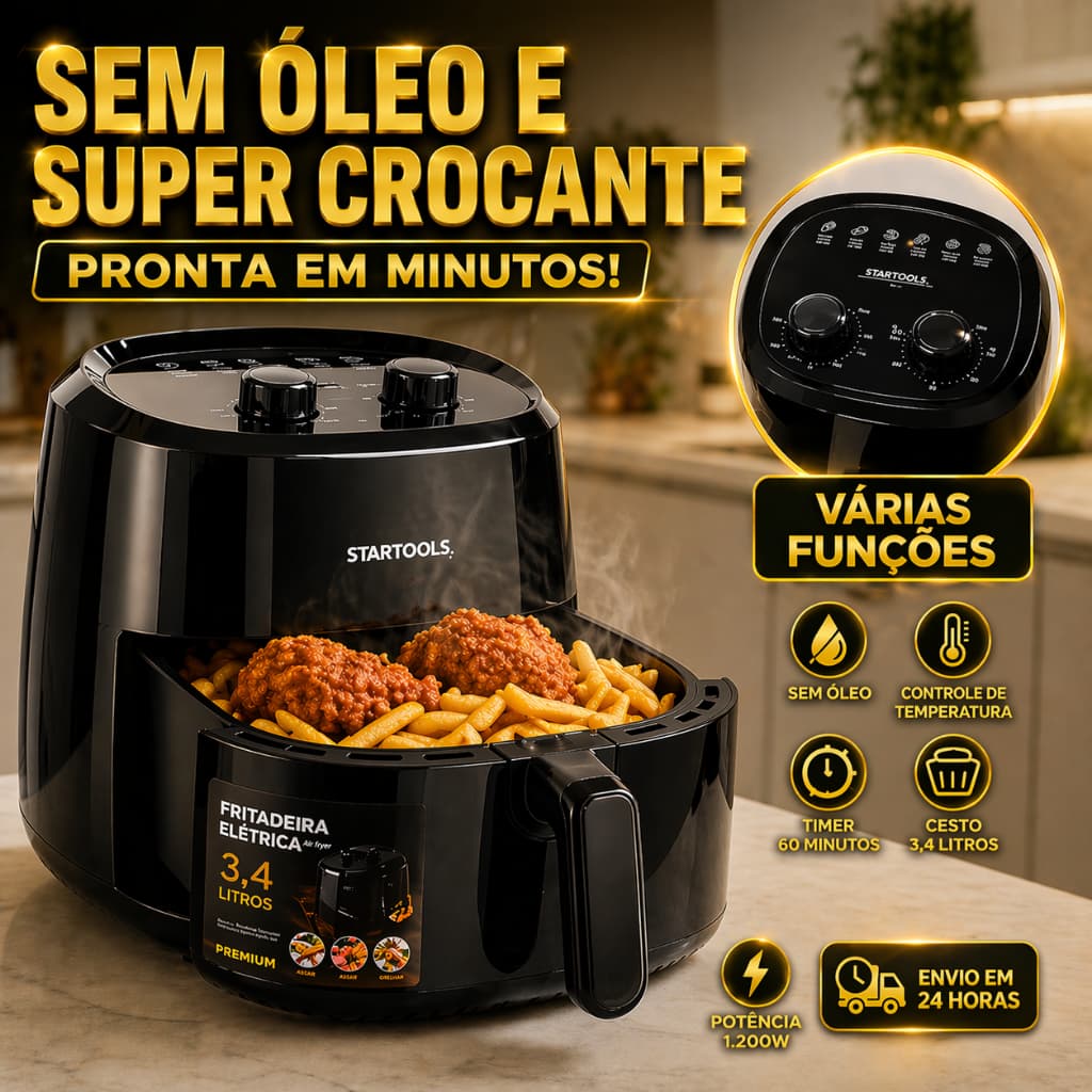 Fritadeira Eletrica Air Fryer Sem Oleo 34 Litros 1200w Antiaderente Timer 30 Minutos 127v Cozinha Rapida