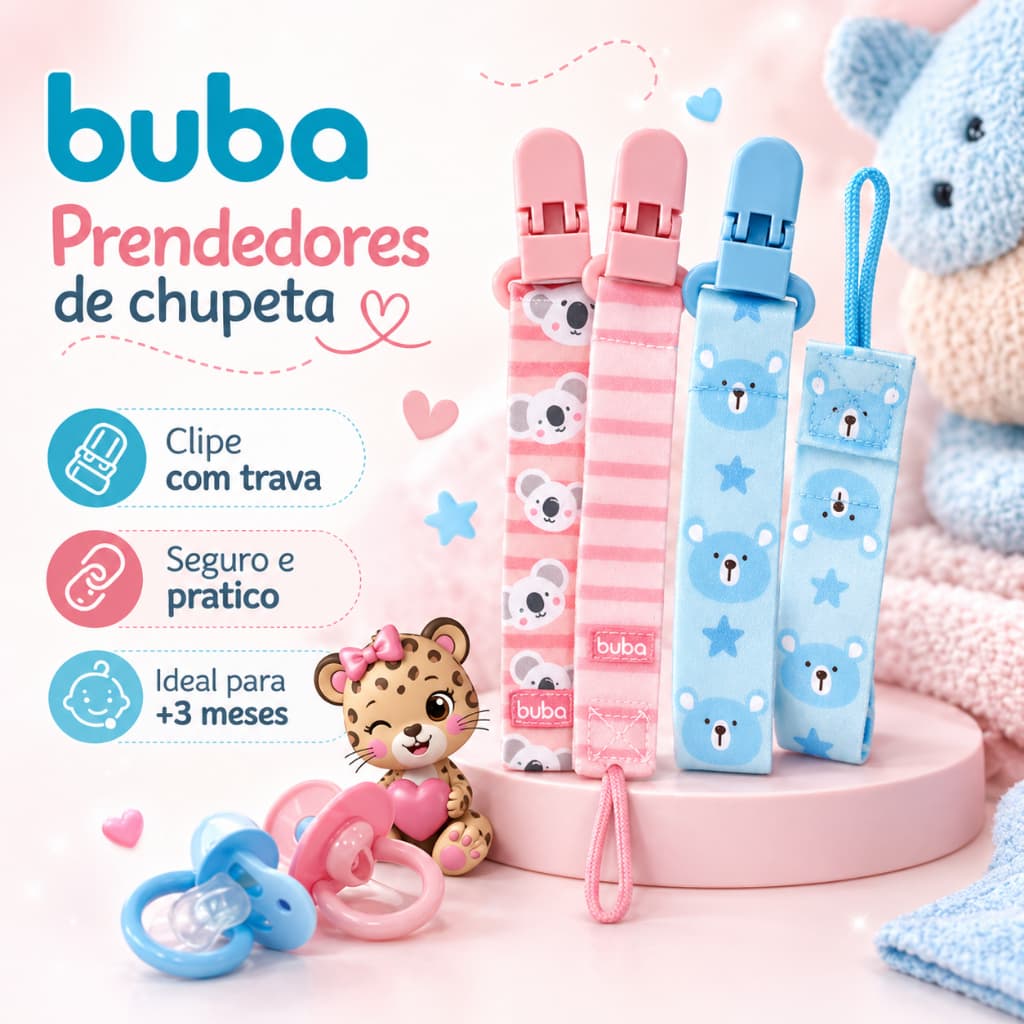 Kit com 1 ou  2 Prendedores de Chupeta Buba | Estampa Coala Rosa Azul | Clip Trava