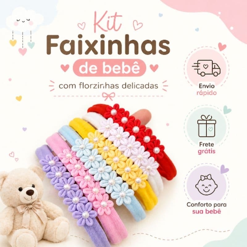 Kit 6 Faixinhas de bebê com florzinhas delicadas, enxoval maternidade, lacinhos de bebê com flores.