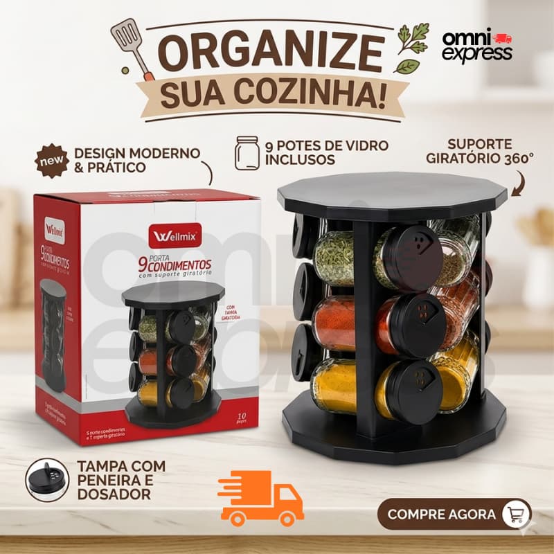 Porta Temperos Giratório 9 Potes Vidro com Tampa Dosadora Organização Cozinha Condimentos
