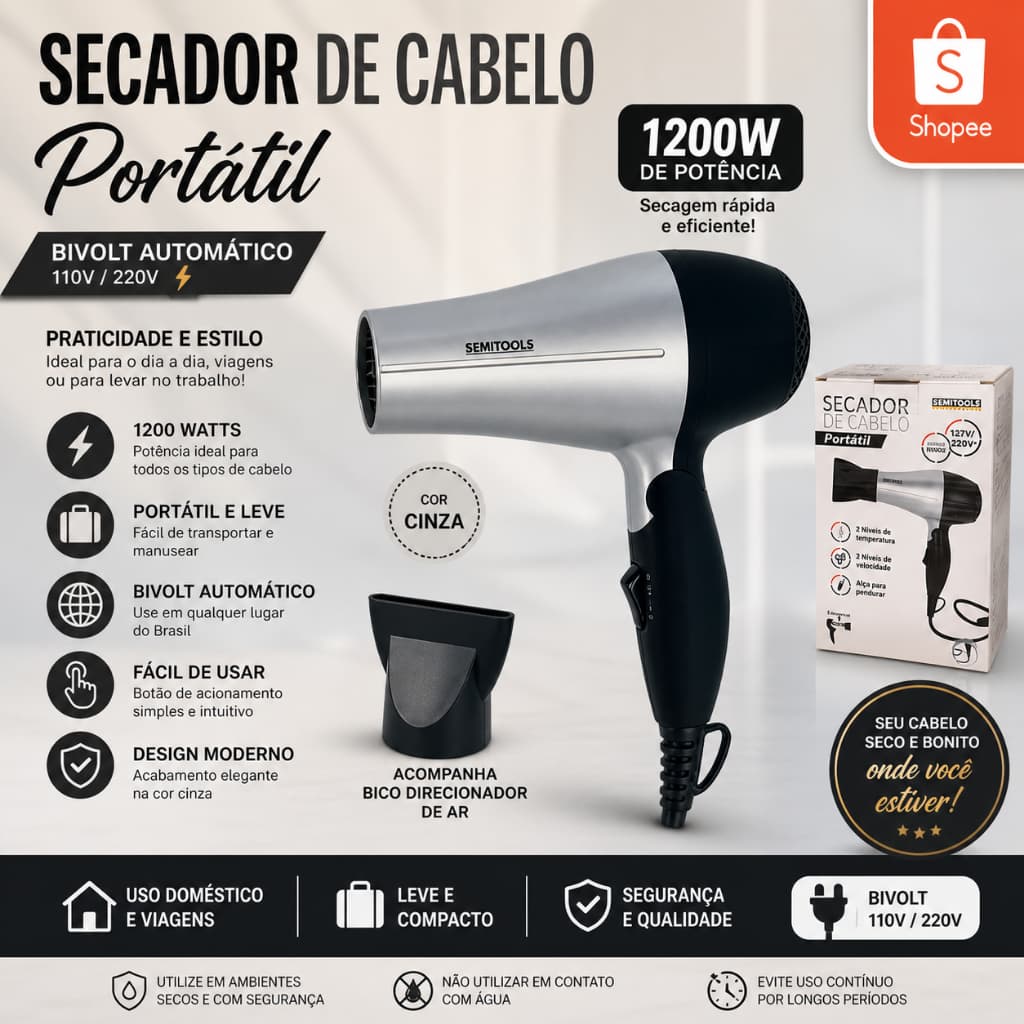 Secador de Cabelo Profissional 1200W Bivolt Dobrável Compacto Portátil Secagem Rápida Leve Potente