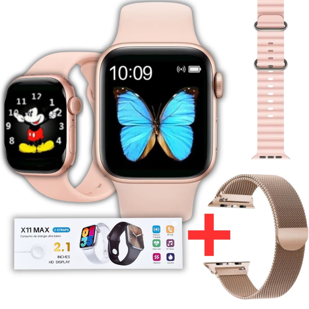 Relógio Digital Rosa Feminino Com Pulseira Metálica Smartwatch X11 Max Troca Foto