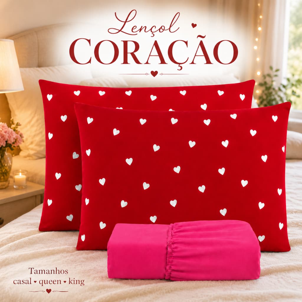 Jogo de Lençol Com Fronhas Coração Casal Queen King 3 Peças Diversas Cores