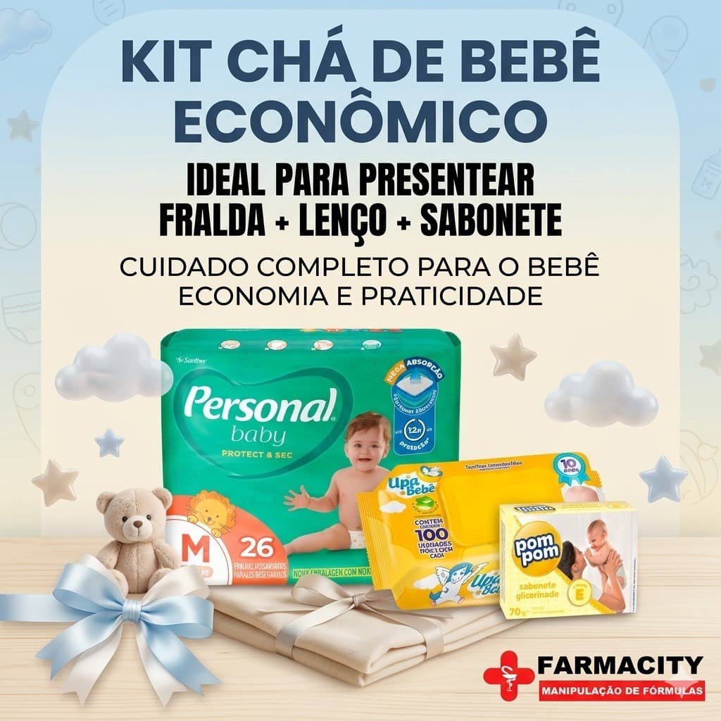 Kit Presente Chá de Bebê Fralda Personal + Lenço Umedecido + Sabonete Bebê PomPom