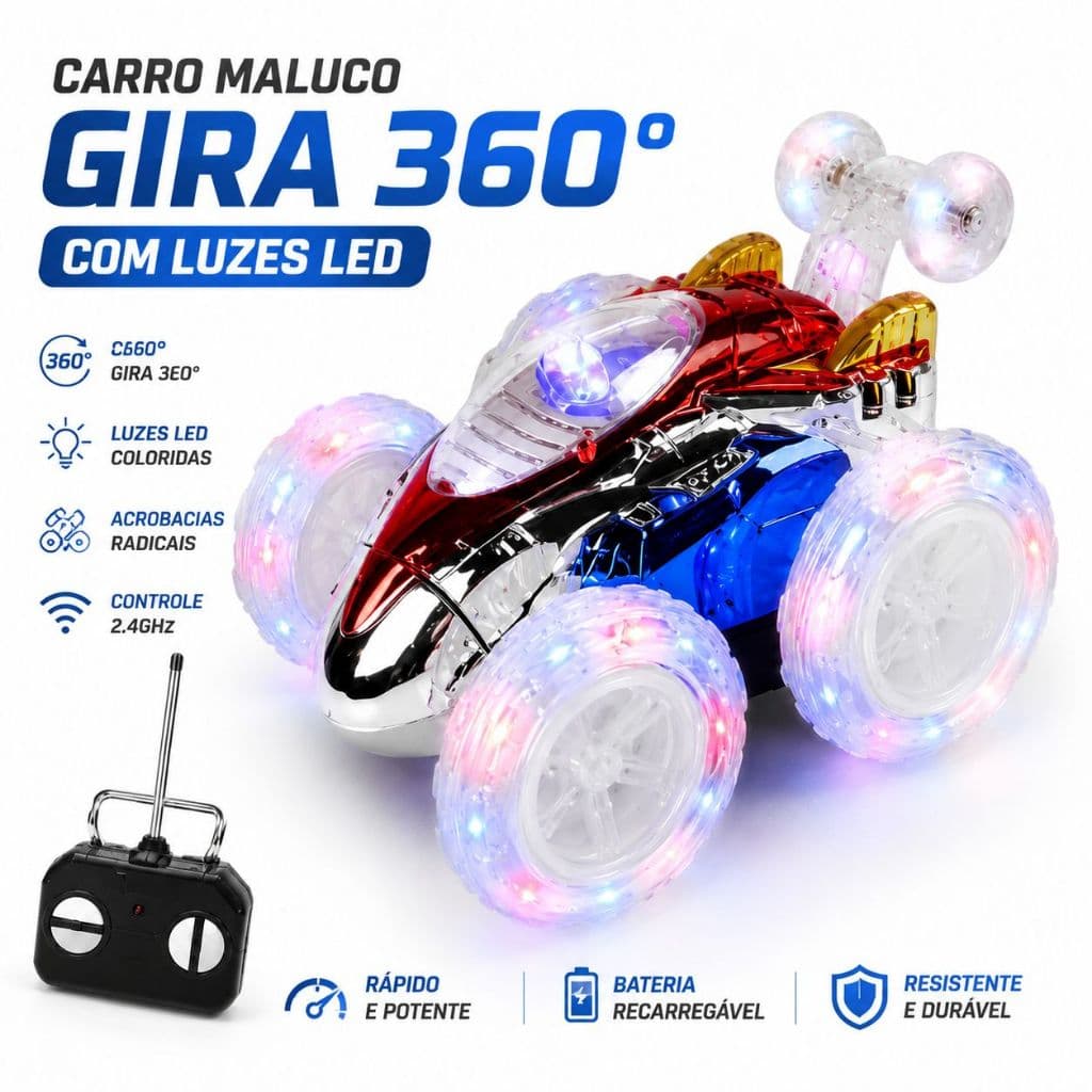 Carrinho De Controle Remoto Carro Maluco Gira 360º Com Luzes Led brinquedo de menino e menina
