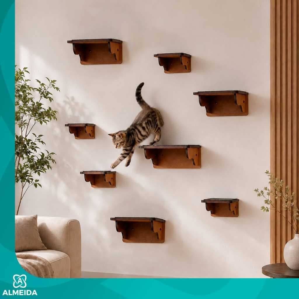 Kit 8 Peças Para Gatos 4 Prateleiras + 4 degraus Gato Parede Pet Playground Suporte 10kg Montado