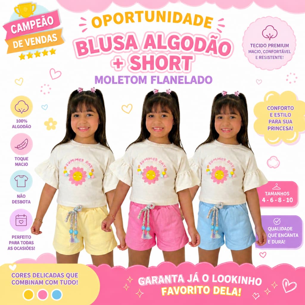 Conjunto Infantil Feminino Blusa Algodão Short Moletom Menina Confortável