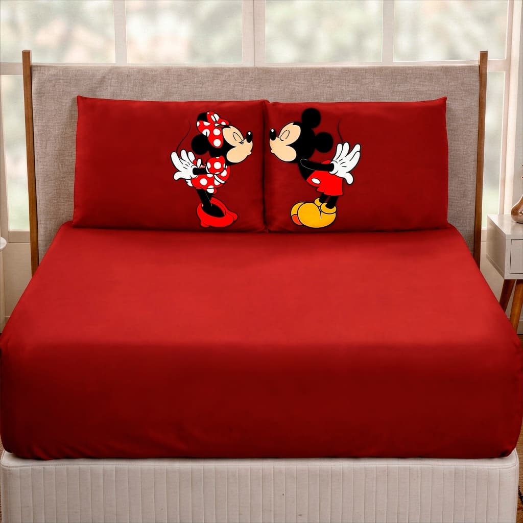 Jogo De Lençol Casal/Queen/King 3 Peças Tematico Diversos Ideal Para Cama Box Mickey e Minnie Beijo