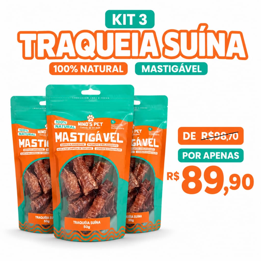 Kit 3 Traqueia Suína Desidratada Natural Mastigável para Cães Petisco Saudável Snack Ninos Pet