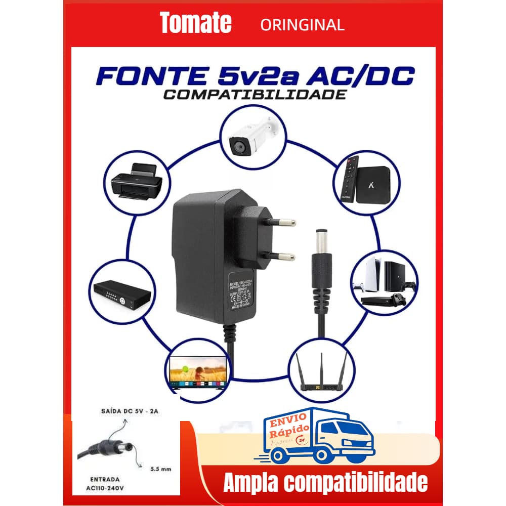 fonte de energia alimentaçao bivolt 5v 2a para tv box 2A Original Tomate