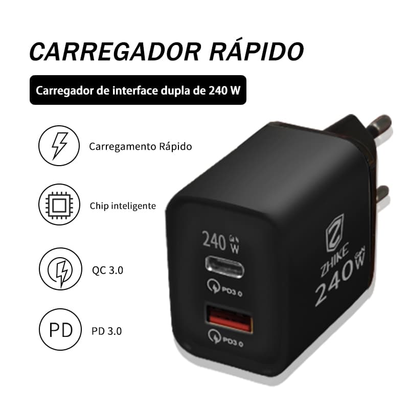 Adaptador De Carregamento Rápido EU USB A/Tipo C A+C GaN Carregador De Parede Para Viagem