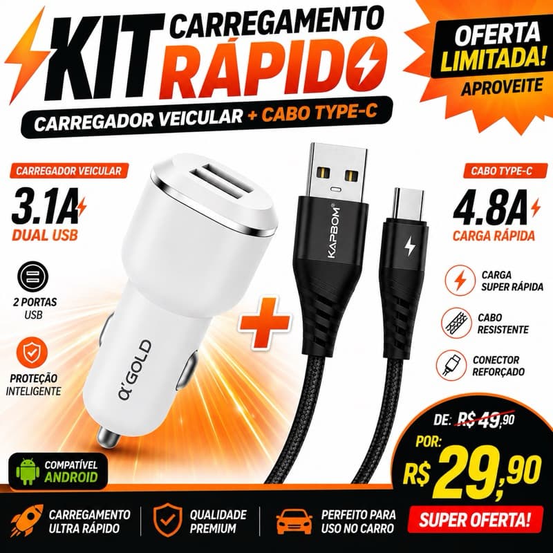 ⚡ Kit Carregador Veicular Turbo 3.1A + Cabo Type-C Reforçado | Dual USB Carga Rápida 🚗