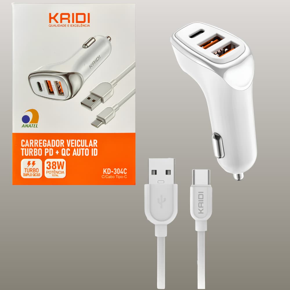 Carregador Veicular USB e USB-C Turbo Fast Charge para Carro 38W KD-304C com Cabo Tipo C Incluso