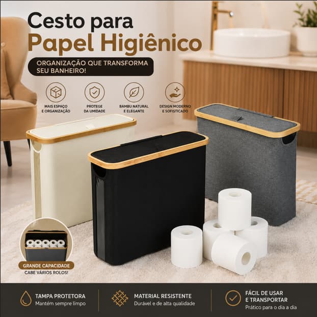 Cesto Porta Papel Higiênico com Tampa Bambu Organizador Banheiro Moderno