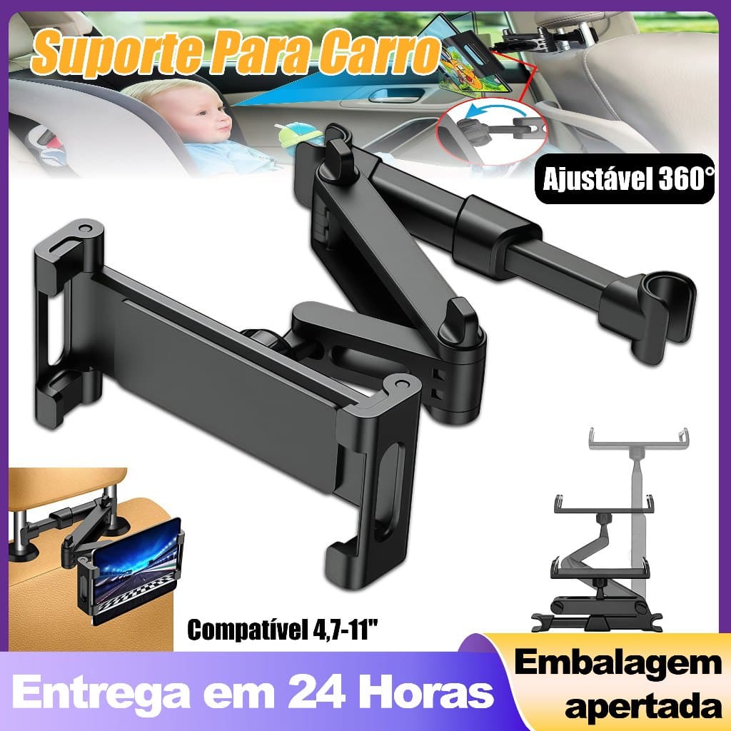 Suporte Celular Tablet Carro Encosto Cabeça Assento Traseiro 3 em 1 Rotação 360 Telescópico