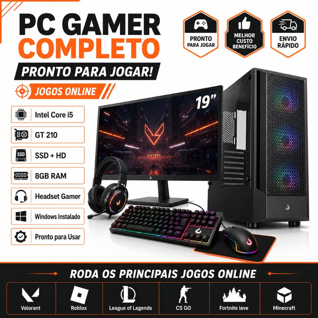 PC Gamer Completo Intel Core i5 + GT 210 | SSD + HD | 8GB RAM | Monitor 19” | Headset Gamer | Windows | Jogos Online