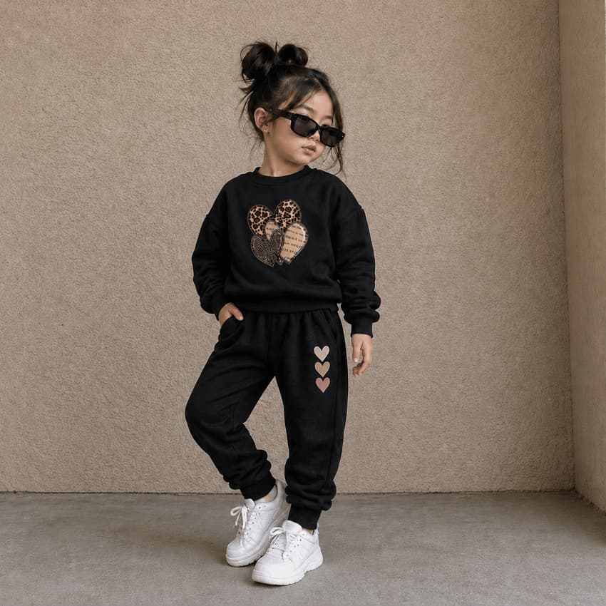 Conjunto De Frio Menina Moletom Flanelado Onça E Coração Quentinho Premium Sem Capuz