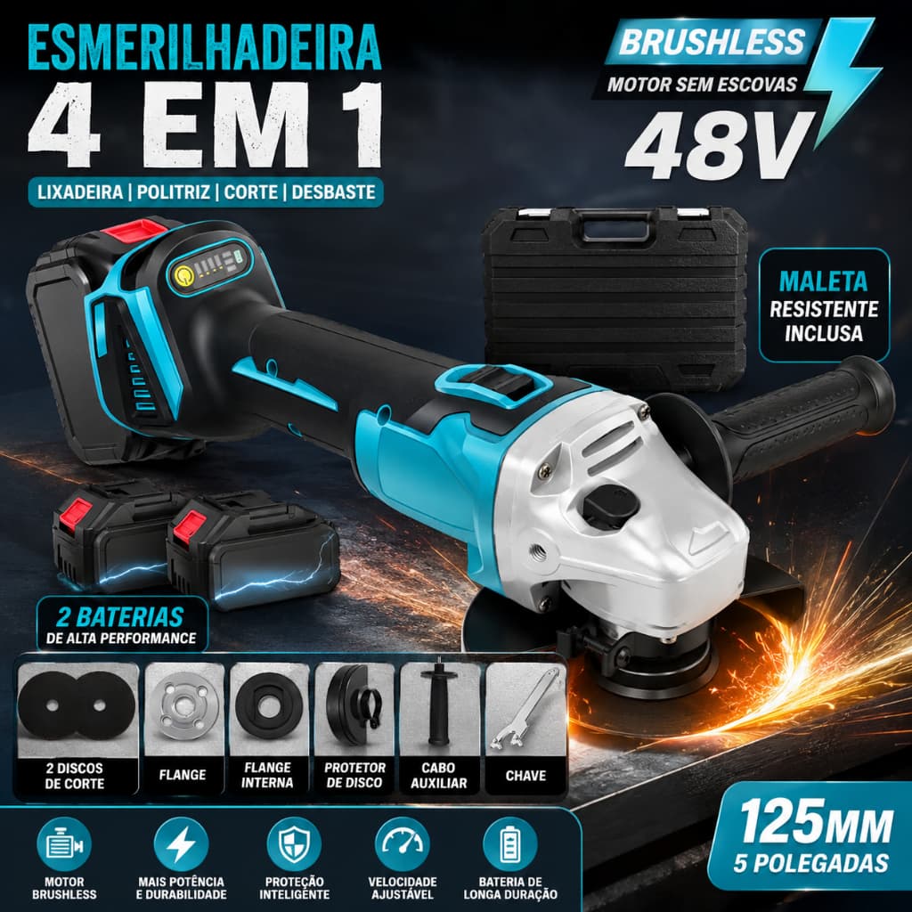 Esmerilhadeira lixadeira Politriz Sem Fio125mm/5polegadas Brushless 48v Com 2 Baterias