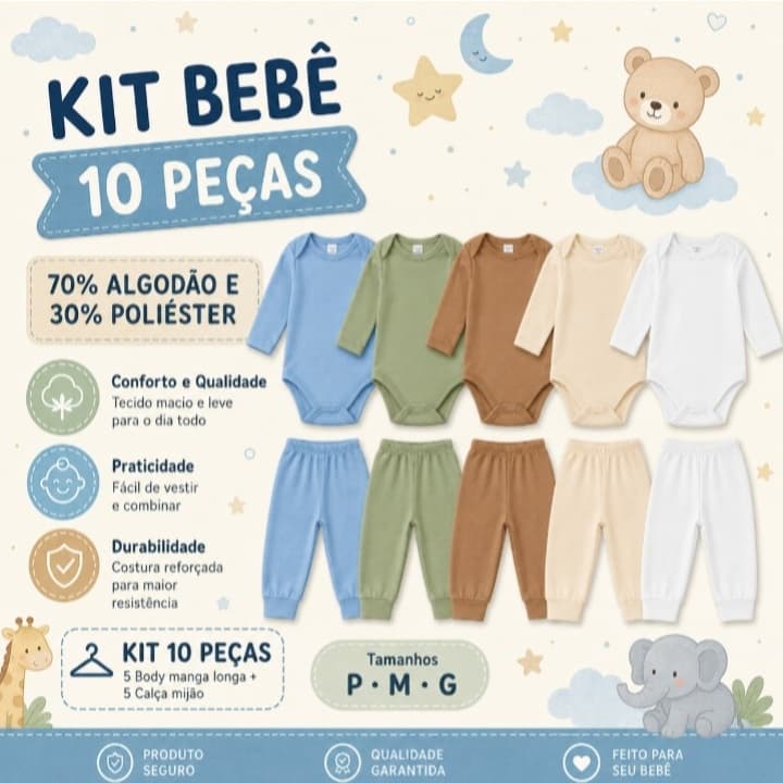 Kit 10 Peças Bebê Body Manga Longa e Mijão Menina Menino