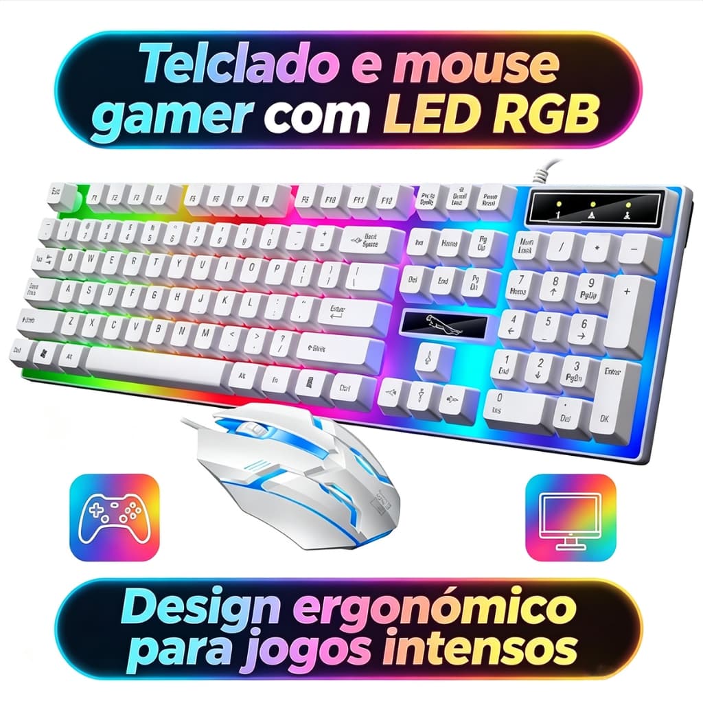 Teclado Gamer com Luz RGB + Mouse Óptico, Kit Completo para Jogos e Trabalho Doméstico -H8