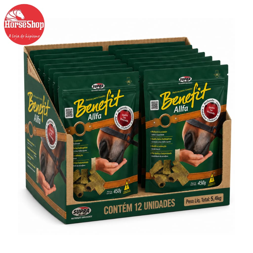 Caixa com 12 Unidade de Biscoitos Petiscos Snacks Saudáveis Para Cavalo Benefit Allfa