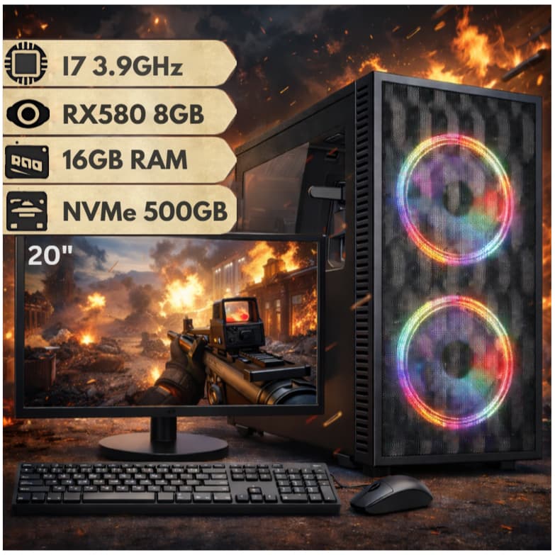 Computador Gamer Intel Core i7 Placa de Vídeo RX580 8GB NVMe 500GB e 16GB RAM C/ Monitor 20"