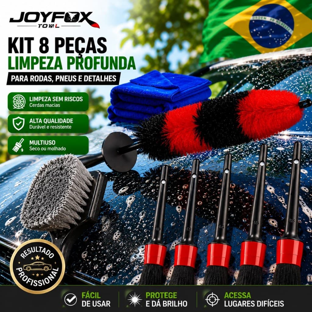 Kit 8 Escovas para Limpeza de Rodas Pneus e Detalhamento Automotivo JOYFOX