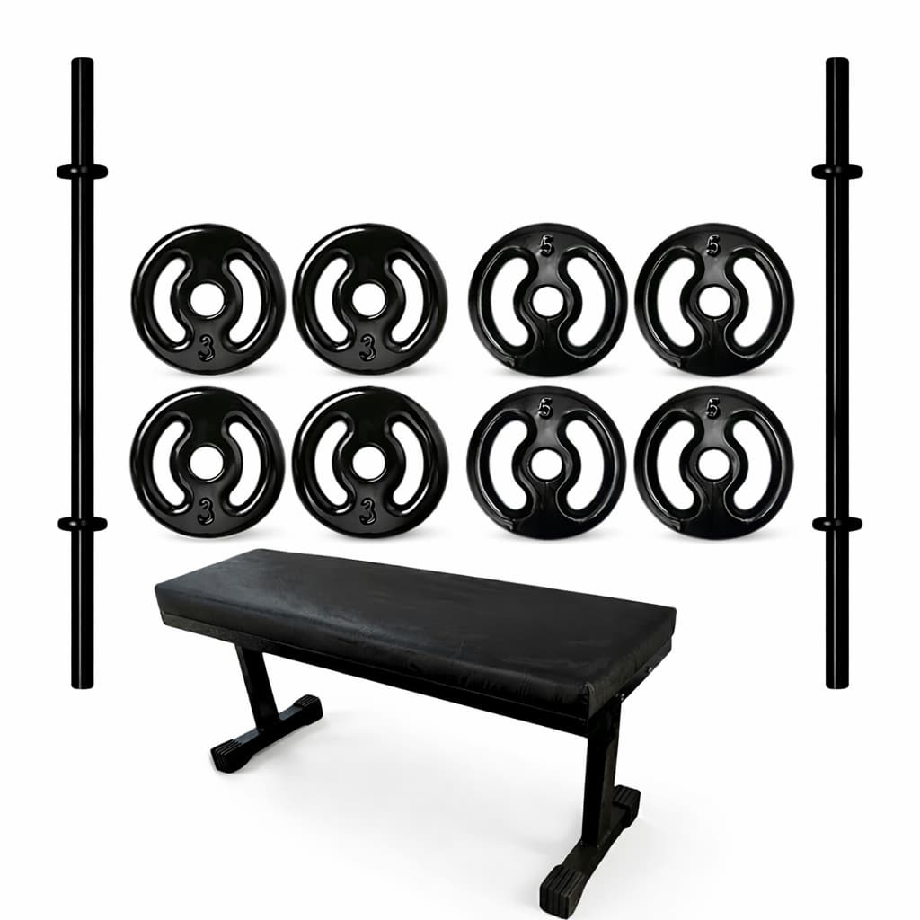 KIT 2 BARRAS 45CM 4 ANILHAS 5KG BANCO E 4 ANILHAS 3KG MUSCULAÇÃO FITNESS TREINO CROSSFIT CASA GYM PRO