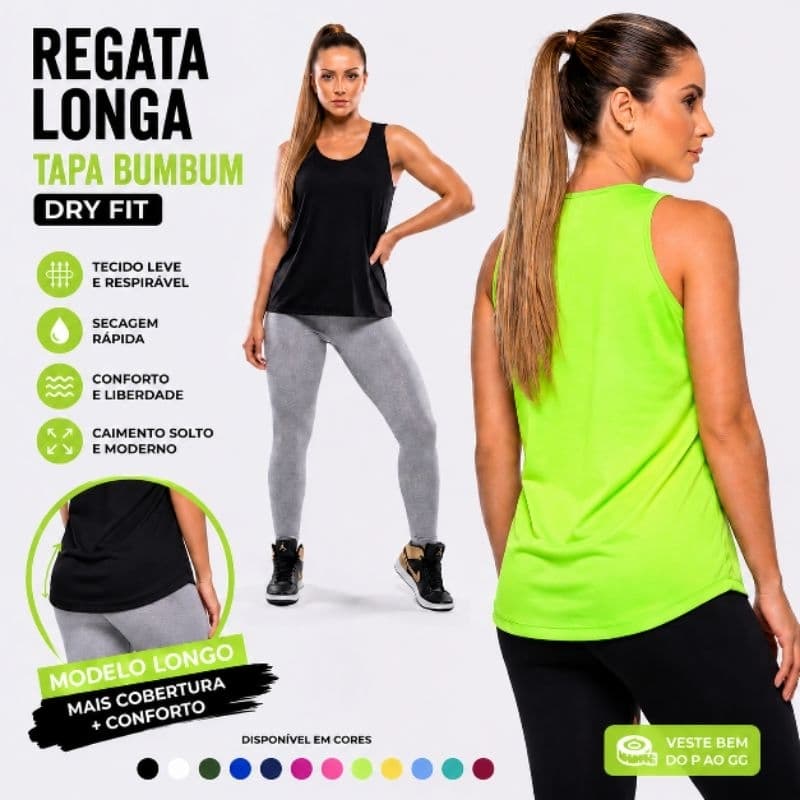 Regata Feminina Longline Tapa Bumbum  Roupa de Academia - Camiseta Fitness