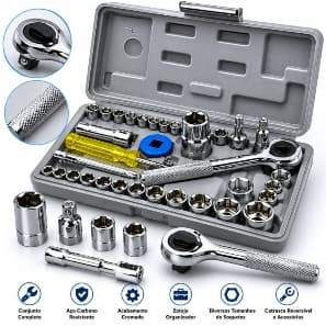 Kit Jogo de Chave Completo Soquete em Aço Com Maleta / Kit Ferramentas Catraca 40 Peças !