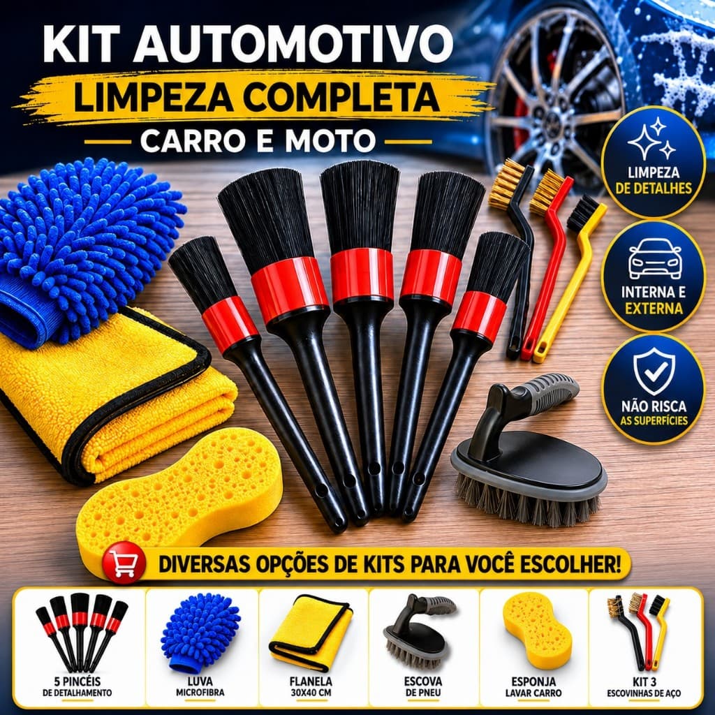 Kit Automotivo com 5 Pinceis e Acessorios Variados para Limpeza Carro Moto Detalhamento