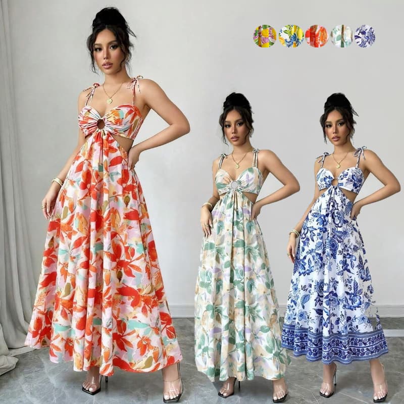 Vestido Longo Feminino Alcinha Estampa Tropical Vestido Praia Longo Cintura Marcada e Costas Nuas