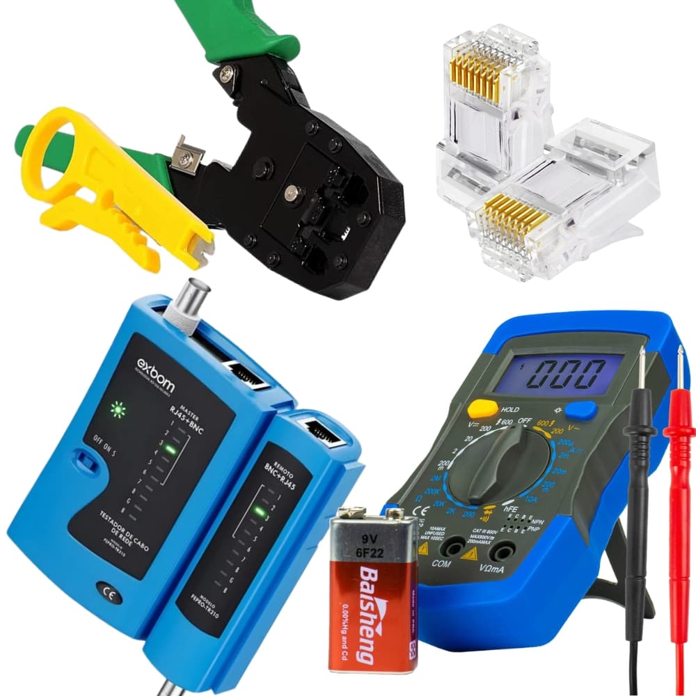 Alicate Crimpar RJ45 / RJ11 + Testador de Cabo de Rede + Multimetro Digital  e Conectores