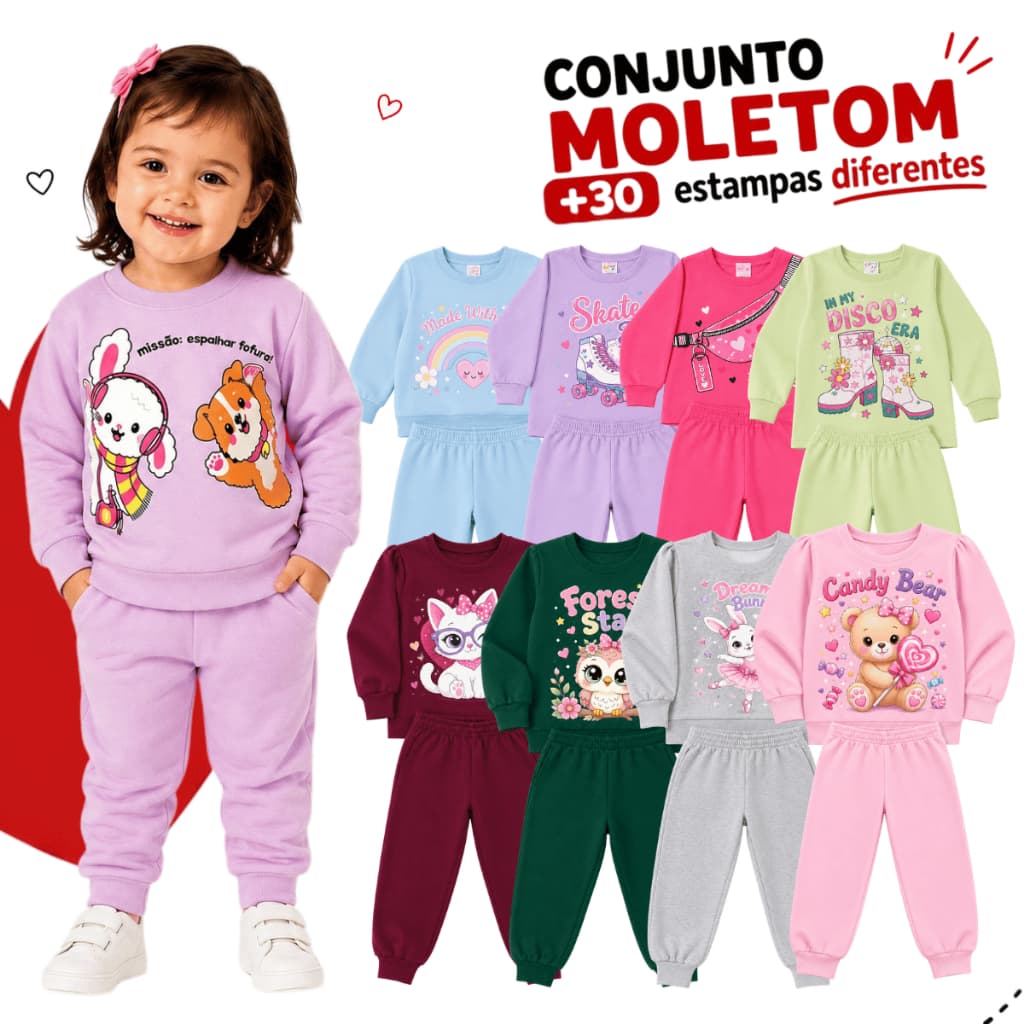 Kit Sortido 2 Peças de Roupas Feminino Infantil Inverno – 1 blusa casaco + 1 calça de 1 ao 8 – Kit 1 Conjunto Moletom