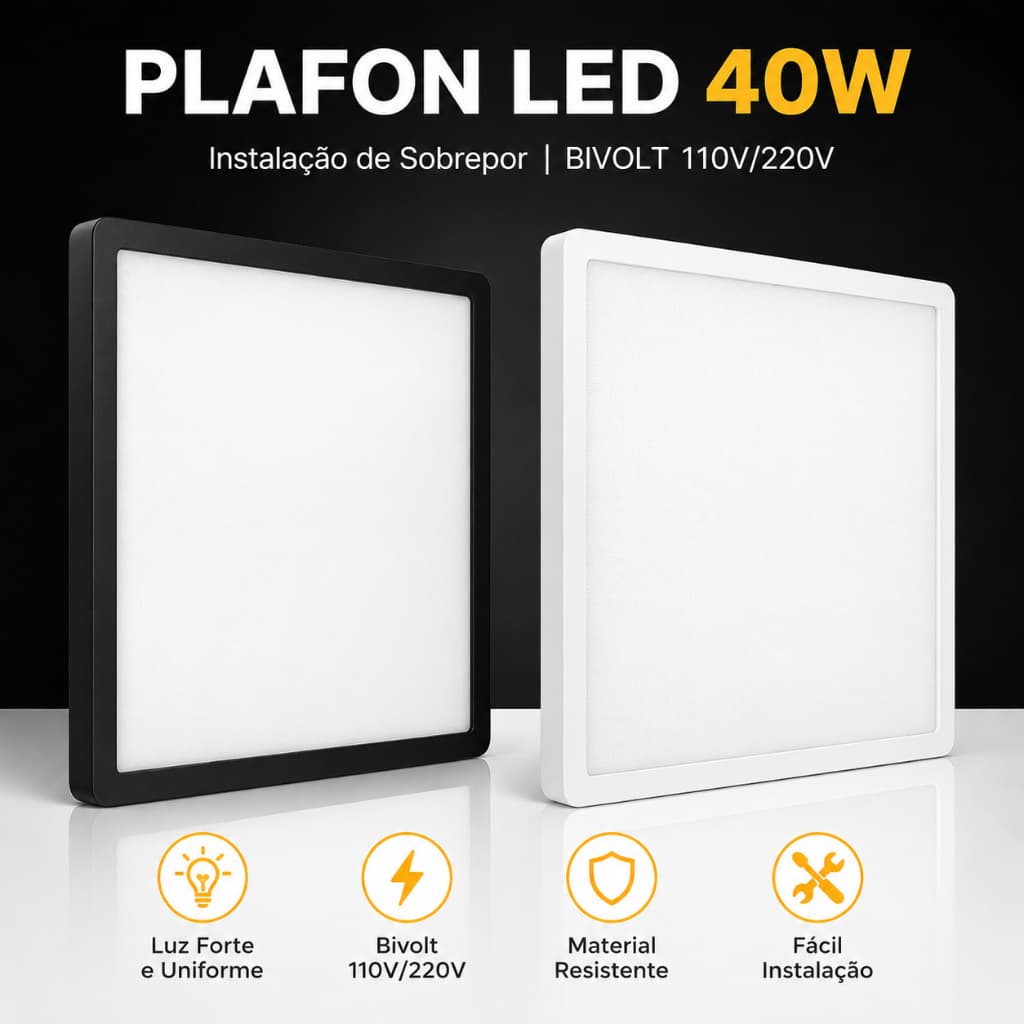 Plafon LED Quadrado 40W  Bivolt – Luminária de Sobrepor Moderna para Teto