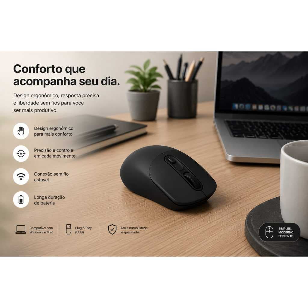 Mouse Óptico Sem Fio - Preta - AOC - Trabalho Notebook Escritório Jogos Estudo