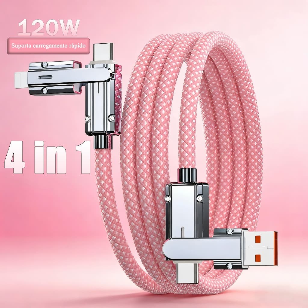 Cabo 4 em 1 de Carregamento Rápido – Tresse de Nylon, Lightning/USB-A/C, Compatível com iPhone 12-16, Samsung, iPad