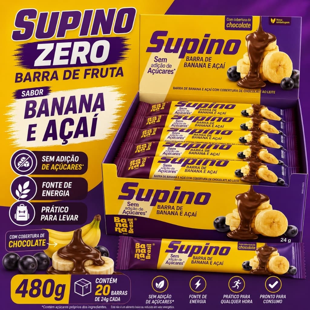 Supino Zero Banana E Açaí 480g Caixa Com 20 Barras De 24g Sem Adição De Açúcares