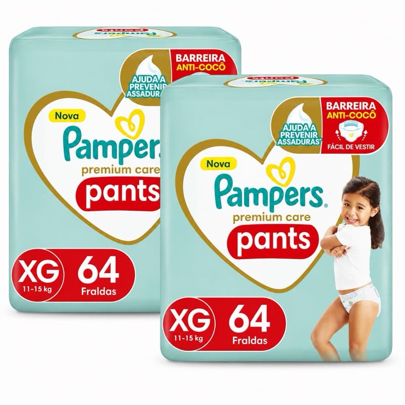 Kit com duas unidades de fraldas Pampers Premium Care Pants XG 64