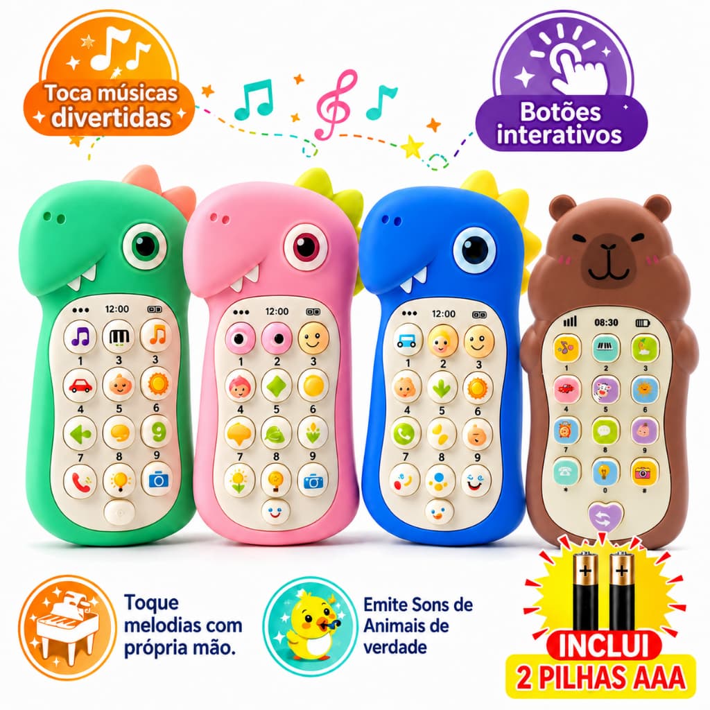 Celular Infantil Dinossauro com Luz Som Pilhas Telefone Musical Interativo Brinquedo Educativo Bebê