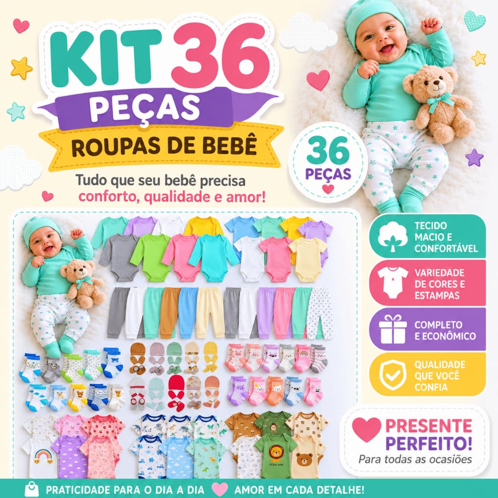 Kit 36 Peças Enxoval  Roupa de Bebê menina e menino saida de  Maternidade enxoval 100% algodão