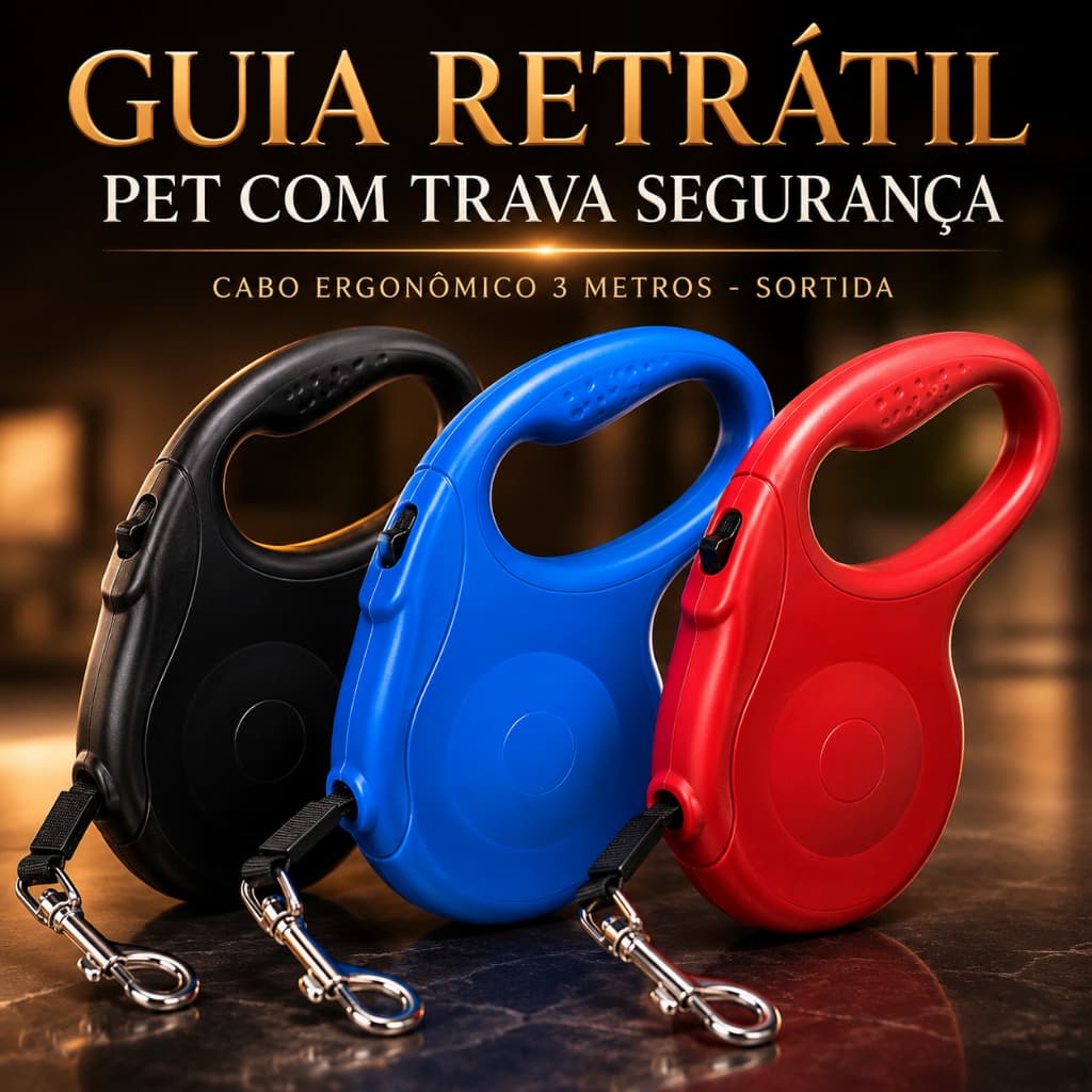 Guia Coleira Retrátil PET Passeio Trava Segurança Cabo Ergonômico 3m Pequeno e Médio Porte Sortida