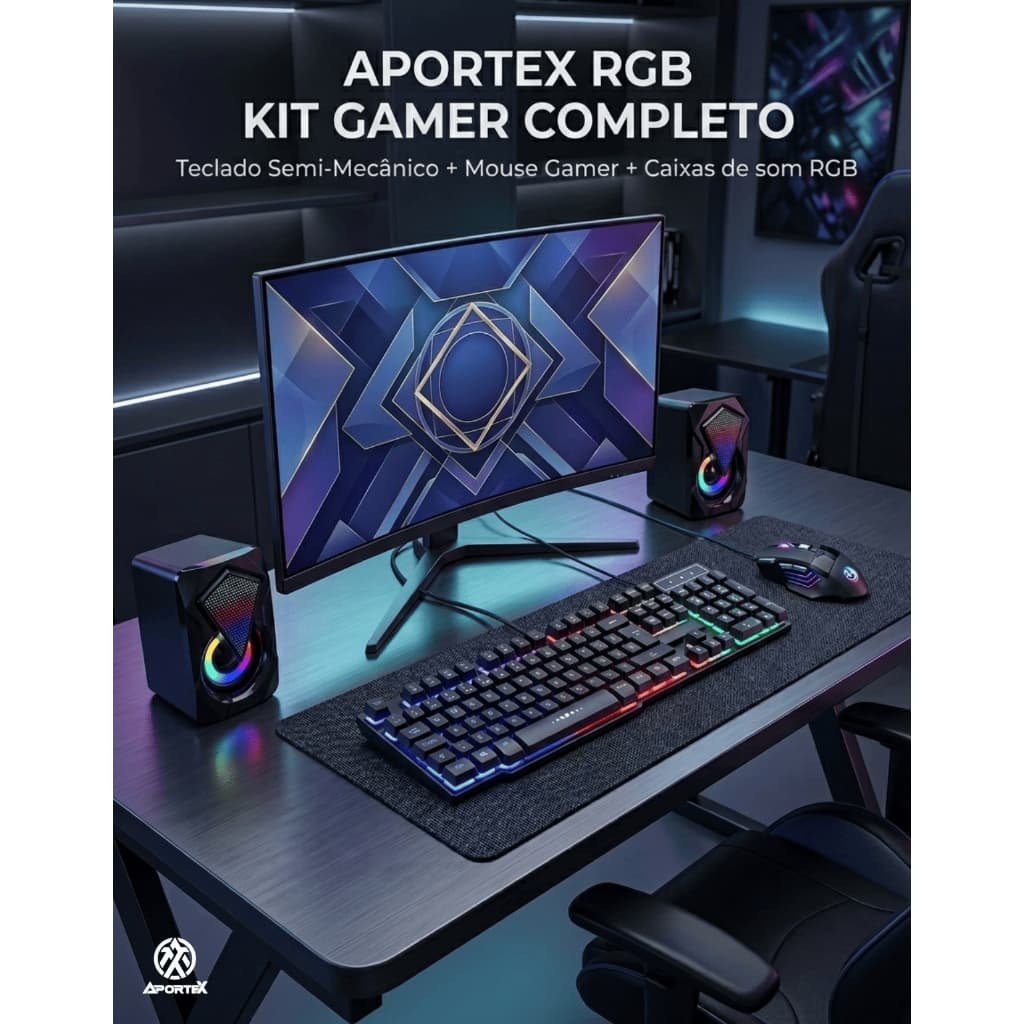 Kit Gamer RGB Com Teclado Semi Mecânico Mouse 3200DPI Gamer Caixa Som 2.0