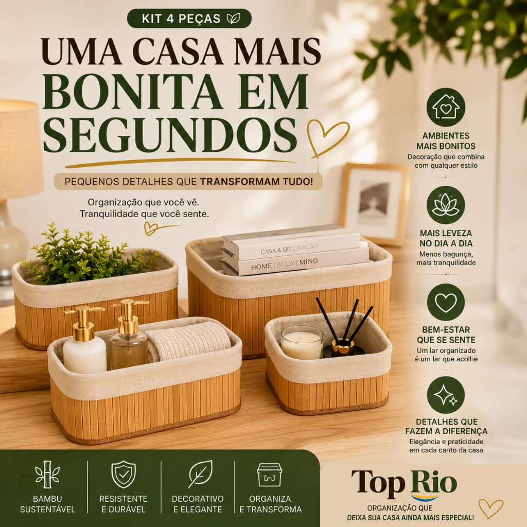 👉 🧺 Kit 3 Cestos Organizadores Bambu Top Rio | Banheiro Closet Quarto Decoração